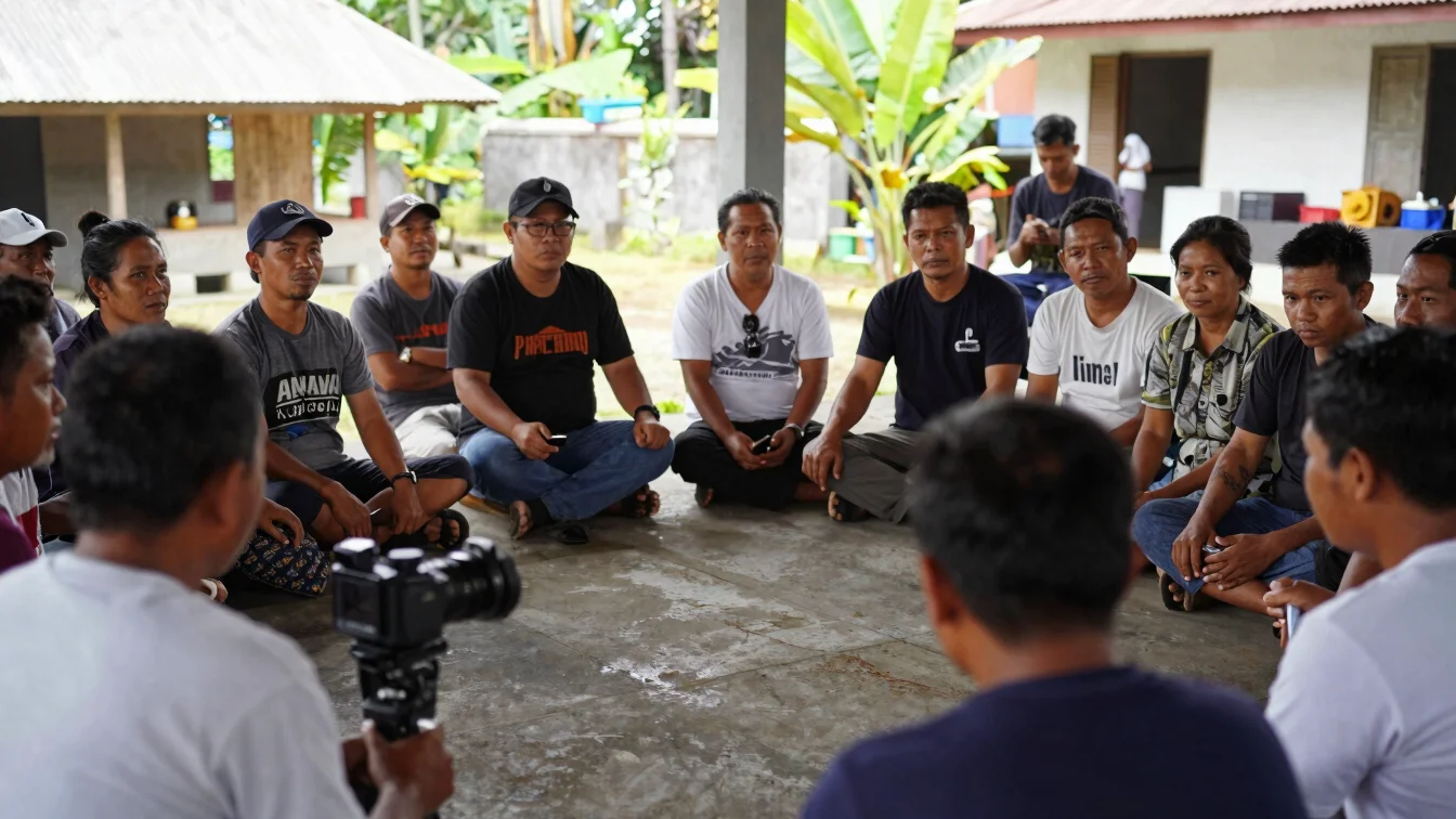 Authentic photojournalistic documentation of an Indonesian community discussion, natural daylight, candid