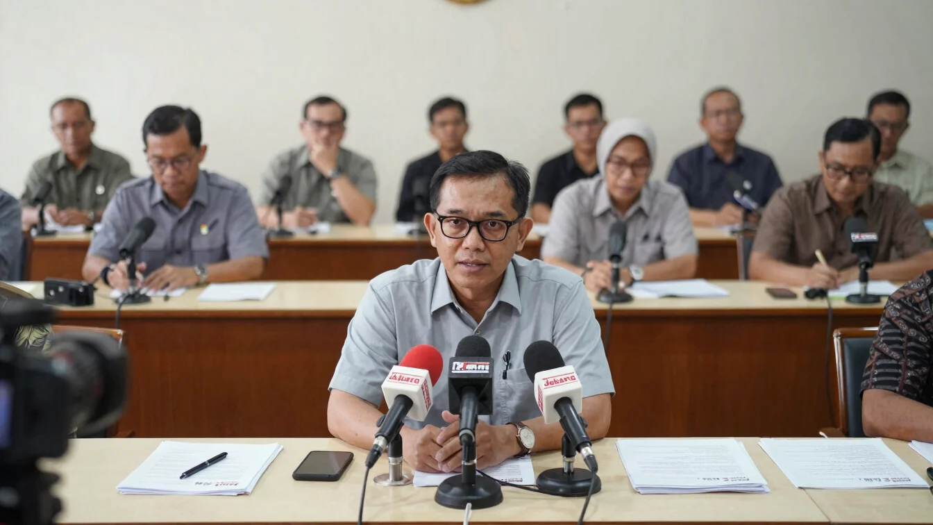 Press conference setting with microphones and press documentation in Jakarta, neutral newsroom lighting