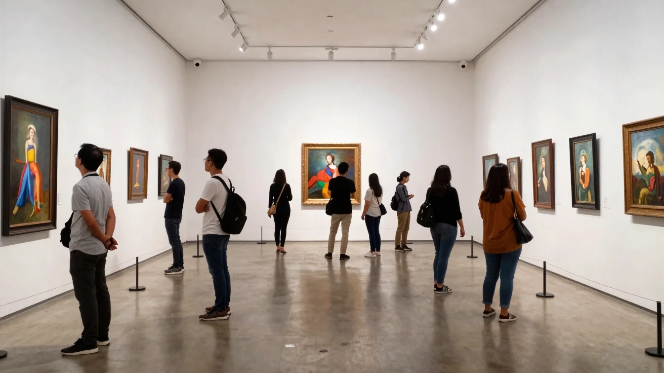 Cultural exhibition gallery in Jakarta with visitors observing artworks, crisp focus